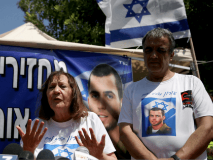 Israeli Zehava Shaul, the mother of slain Israeli soldier Oron Shaul, who was killed in Gaza during the summer of 2014's 50-day military campaign against Hamas and body's has not been recovered, speaks during a press conference on June 29, 2016 next to her husband Herzel (R) at their protest …