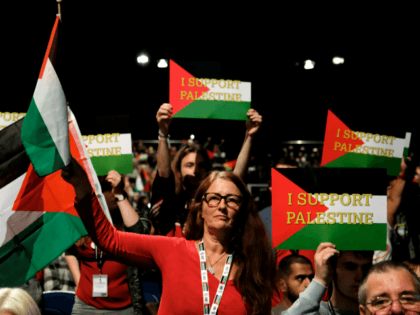 Delegates wave Palestinian flags during a speech about the situation in Palestine on day t