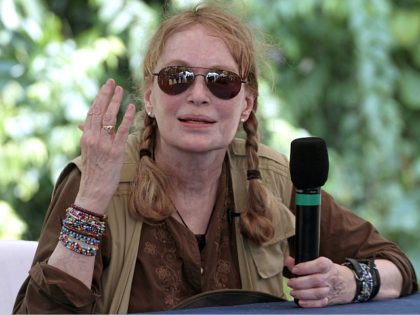 US actress Mia Farrow delivers a pess conference during a visit to an Amazonic area affected by pollution created by US oil company Chevron, in Lago Agrio, Aguarico, Ecuador, on January 28, 2014. AFP PHOTO/JUAN CEVALLOS (Photo credit should read JUAN CEVALLOS/AFP/Getty Images)