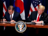 moon-jae-in-donald-trump-south-korea-us-trade-92418-getty President Donald Trump and South Korean President Moon Jae-In participate in a signing ceremony for the United States-Korea Free Trade Agreement at the Lotte New York Palace hotel during the United Nations General Assembly, Monday, Sept. 24, 2018, in New York. (AP Photo/Evan Vucci)