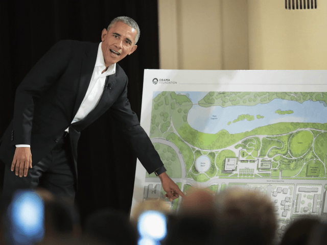 Former President Barack Obama points out features of the proposed Obama Presidential Cente