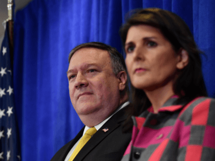 US Ambassador Nikki Haley (R), US Secretary of State Mike Pompeo (C) and US national security adviser John Bolton (L) give a press briefing in New York on September 24, 2018 on the sidelines of the annual United Nations General Assembly. (Photo by Nicholas Kamm / AFP) (Photo credit should …