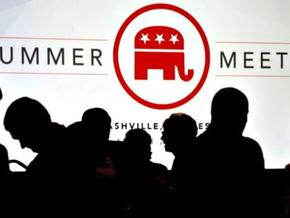 People talk before the start of the meeting of the standing committee on rules at the Republican National Committee summer meeting, Thursday, Aug. 24, 2017, in Nashville, Tennessee.