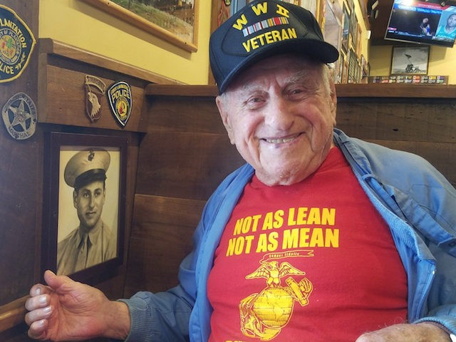 President Donald Trump called "Sam the Marine" as he celebrated his 100th birthday