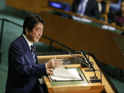 Japanese Prime Minister Shinzo Abe addresses the United Nations General Assembly at U.N. headquarters, Wednesday, Sept. 20, 2017. (AP Photo/Jason DeCrow)