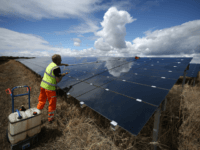 ABINGDON, ENGLAND - JULY 29: A workman cleans panels at Landmead solar farm on July 29, 2015 near Abingdon, England. The 46 megawatt capacity installation was the largest in the United Kingdom when it was completed in 2014. Operated by BELECTRIC UK it supplies around 45 million kWh (kilowatt hours) …