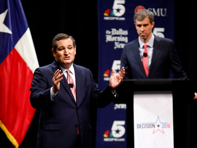 DALLAS, TX - SEPTEMBER 21: Sen. Ted Cruz (R-TX) makes his final remarks as Rep. Beto O'Rourke (D-TX) listens during a debate at McFarlin Auditorium at SMU on September 21, 2018 in Dallas, Texas. (Photo by Tom Fox-Pool/Getty Images)