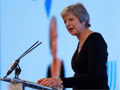 Britain's Prime Minister Theresa May speaks at the United Jewish Israel Appeal charity din