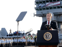 George W. Bush US President George W. Bush addresses the nation aboard the nuclear aircraft carrier USS Abraham Lincoln 01 May, 2003, as it sails for Naval Air Station North Island, San Diego, California. Bush declared major fighting over in Iraq, calling it 'one victory in a war on terror' which he said …