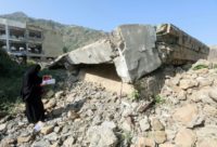 A school damaged in a 2017 air strike during fighting between the Saudi-backed government forces and the pro-Iranian Huthi rebels in the Yemen city of Taez.