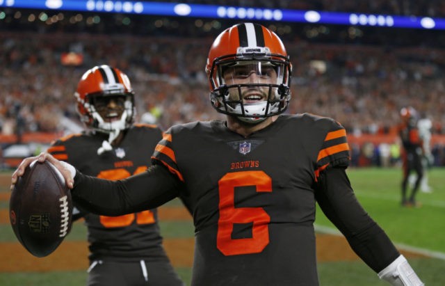 APTOPIX Jets Browns Football Cleveland Browns quarterback Baker Mayfield celebrates after scoring a 2 point conversion during the second half of an NFL football game against the New York Jets, Thursday, Sept. 20, 2018, in Cleveland. (AP Photo/Ron Schwane) The Associated Press