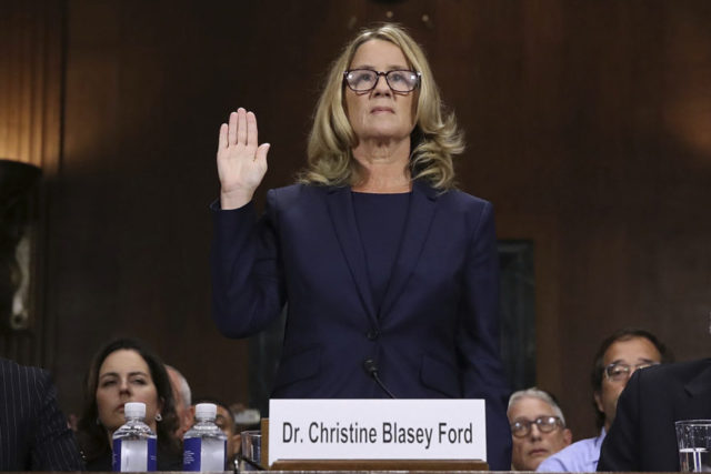 Kavanaugh Memory Machinery Christine Blasey Ford is sworn in before the Senate Judiciary Committee on Capitol Hill in Washington on Thursday, Sept. 27, 2018. (Win McNamee/Pool Photo via AP) The Associated Press