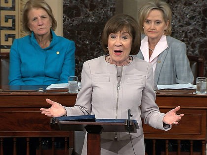 In this image from video provided by Senate TV, Sen. Susan Collins, R-Maine., speaks on the Senate floor about her vote on Supreme Court nominee Judge Brett Kananaugh, Friday, Oct. 5, 2018 in the Capitol in Washington. (Senate TV via AP)