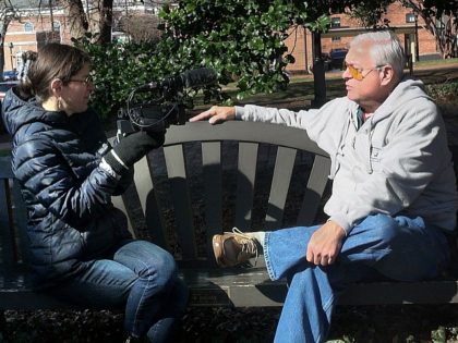 This image released by HBO shows director Alexandra Pelosi, left, as she interviews Barry Isenhower in Charlottesvile, Va. for her documentary "Outside the Bubble," premiering on Monday. (HBO via AP)