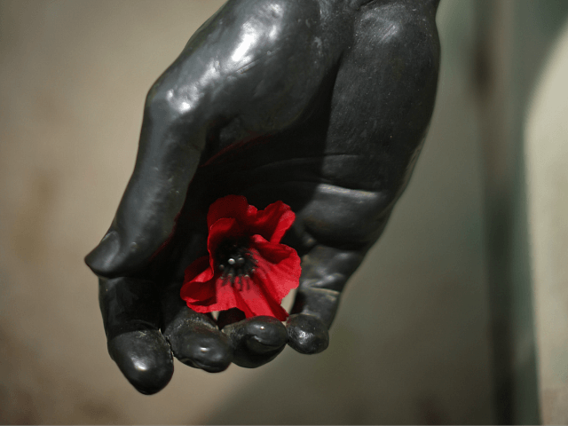 ALREWAS, STAFFORDSHIRE - NOVEMBER 11: A poppy sits in the hand of a statue of a fallen soldier during the annual Armistice Day Service at the Armed Forces Memorial at the National Memorial Arboretum on November 11, 2015 in Alrewas, United Kingdom. People across the UK and the world gathered â¦