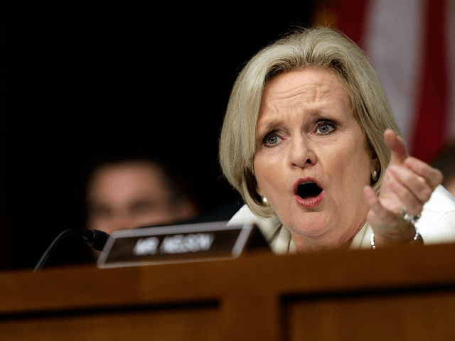 Sen. Claire McCaskill (D-MO) questions U.S. military leaders while they testify before the Senate Armed Services Committee on pending legislation regarding sexual assaults in the military June 4, 2013 in Washington, DC. A recent survey of active duty personnel by the Pentagon revealed that 6.1 percent of women and 1.2 …