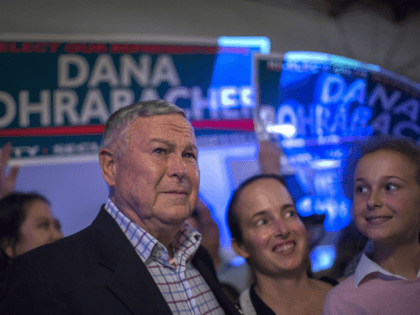 Republican Rep. Dana Rohrabacher, 48th District, speaks to supporters on election night at his campaign headquarters on June 5, 2018 in Costa Mesa, California. California could play a determining role in upsetting Republican control the U.S. Congress. Democrats hope to win 10 of the 14 seats held by Republicans. (Photo …