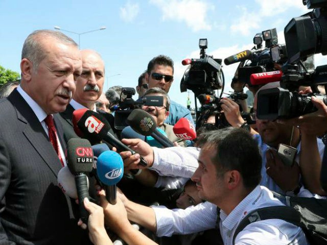 Turkey's President Recep Tayyip Erdogan speaks to the media in Ordu, Turkey, Saturday, Aug