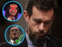 Twitter CEO Jack Dorsey And Facebook COO Sheryl Sandberg Testify To Senate Committee On Foreign Influence Operations (INSETS: Candace Owens and Louis Farrakhan) WASHINGTON, (DC - SEPTEMBER 5: Twitter chief executive officer Jack Dorsey looks on during a Senate Intelligence Committee hearing concerning foreign influence operations' use of social media platforms, on Capitol Hill, September 5, 2018 in Washington, DC. Twitter CEO Jack Dorsey and Facebook chief …