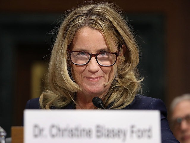 WASHINGTON, DC - SEPTEMBER 27: Christine Blasey Ford testifies before the Senate Judiciary Committee in the Dirksen Senate Office Building on Capitol Hill September 27, 2018 in Washington, DC. A professor at Palo Alto University and a research psychologist at the Stanford University School of Medicine, Ford has accused Supreme …