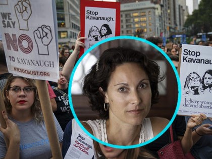 (INSET: author headshot of Emily Bazelon) NEW YORK, NY - OCTOBER 1: Protestors rally against Supreme Court nominee Judge Brett Kavanaugh in Madison Square Park, October 1, 2018 in New York City. Following White House authorization, the FBI is further investigating sexual misconduct claims against Kavanaugh. In a speech on …