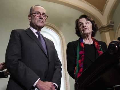 WASHINGTON, DC - OCTOBER 4: (L-R) Senate Minority Leader Chuck Schumer (D-NY) and Senate Judiciary Committee ranking member Dianne Feinstein (D-CA) hold a press conference to discuss the FBI report on Supreme Court nominee Brett Kavanaugh on Capitol Hill, October 4, 2018 in Washington, DC. Kavanaugh's confirmation process was halted …
