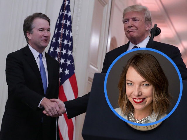 (INSET: Emily Heil) WASHINGTON, DC - OCTOBER 07: U.S. Supreme Court Justice Brett Kavanaugh shakes hands with President Donald Trump, at a Kavanaugh's ceremonial swearing in in the East Room of the White House October 08, 2018 in Washington, DC. Kavanaugh was confirmed in the Senate 50-48 after a contentious …