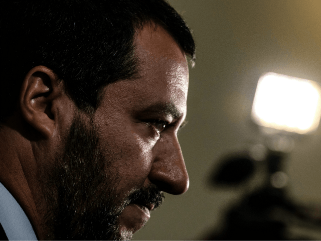 Italys interior minister Matteo Salvini answers journalists during the G6 Summit of Interior Ministers of France, Germany, United Kingdom, Spain, Italy and Poland, on October 9, 2018 in Groupama Stadium in Decines-Charpieu, near Lyon, central-western France. - Interior ministers from the G6 European countries gathered for a meeting to discuss …