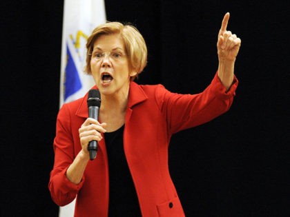 US Senator Elizabeth Warren (D-MA) addresses a town hall meeting in Roxbury, Massachusetts