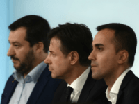 (From L) Italy's Deputy Prime Minister and Interior Minister, Matteo Salvini, Italy's Prime Minister, Giuseppe Conte and Italy's Deputy Prime Minister and Minister of Economic Development, Labour and Social Policies, Luigi Di Maio attend a press conference following a Cabinet meeting on the country's draft budget, prior to its submission …