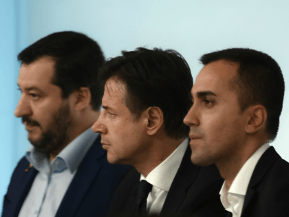 (From L) Italy's Deputy Prime Minister and Interior Minister, Matteo Salvini, Italy's Prime Minister, Giuseppe Conte and Italy's Deputy Prime Minister and Minister of Economic Development, Labour and Social Policies, Luigi Di Maio attend a press conference following a Cabinet meeting on the country's draft budget, prior to its submission …