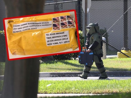 SUNRISE, FL - OCTOBER 24: A member of the Broward Sheriff's Office bomb squad is seen as he investigates a suspicious package in the building where Rep. Debbie Wasserman Schultz (D-FL) has an office on October 24, 2018 in Sunrise, Florida. The Secret Service said it intercepted an explosive device …