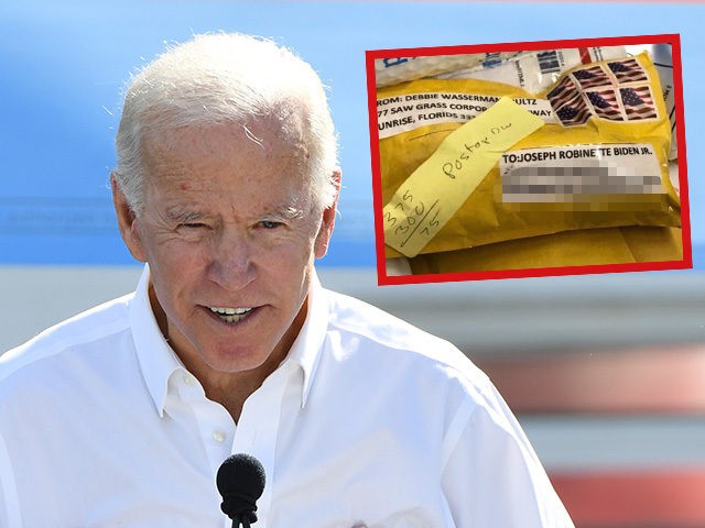 (INSET: An apparent mail bomb sent to a Delaware address for Joe Biden) LAS VEGAS, NV - OCTOBER 20: Former U.S. Vice President Joe Biden speaks during a rally at the Culinary Workers Union Hall Local 226 as he campaigns for Nevada Democratic candidates on October 20, 2018 in Las …
