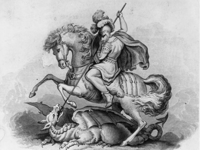 Circa 300 AD, St George, patron saint of England and Portugal, slaying the dragon. Original Artwork: 19th century engraving (Photo by Hulton Archive/Getty Images)