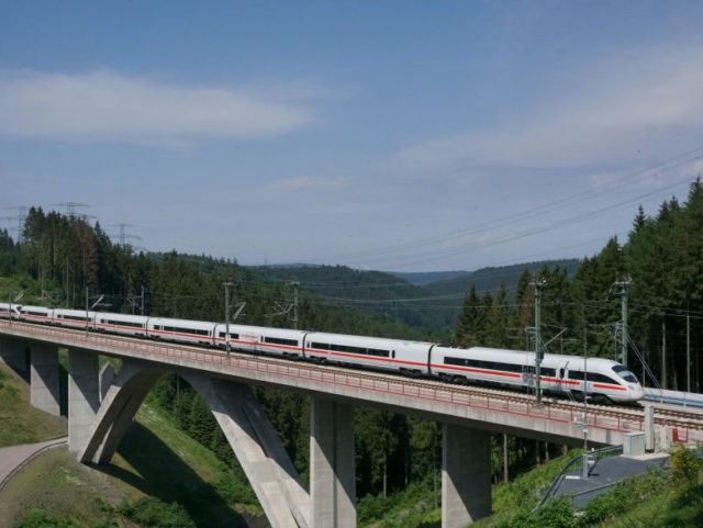 A picture taken on May 26, 2018 shows an ICE high speed train of German Deutsche Bahn driv