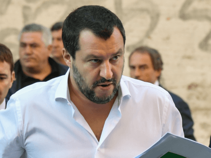 Italy's Interior Minister, Matteo Salvini arrives on October 8, 2018 to the headquarters of the Unione Generale del Lavoro (UGL, General Union of Labor) trade union in Rome, to attend a debate on the theme 'Economic growth and social prospects in a Europe of Nations' with the leader of France's …