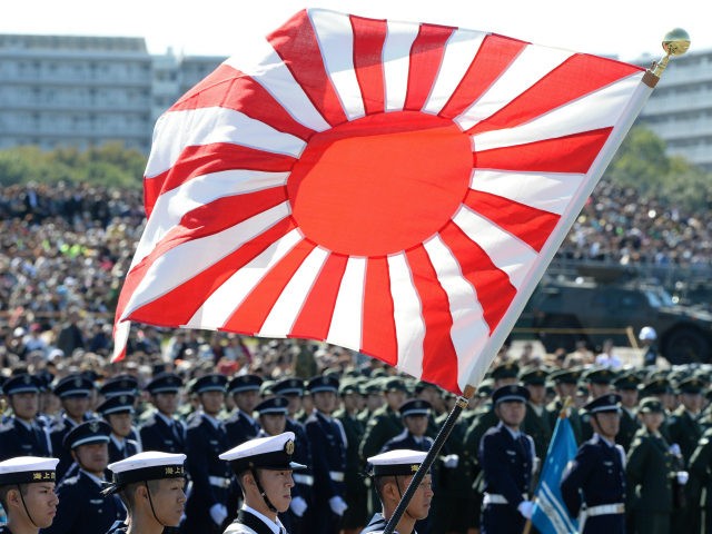 A soldier holds a Rising Sun flag during the military review at the Ground Self-Defence Fo