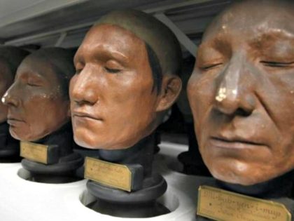 Casts of Native American heads from the 19th century that are part of the phrenology collection at the Museum of Man (Musee de l’Homme) in Paris.