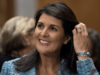 Nikki Haley US Ambassador to the United Nations Nikki Haley attends the confirmation hearing for US Secretary of State nominee Mike Pompeo on Capitol Hill in Washington, DC, on April 12, 2018. / AFP PHOTO / JIM WATSON (Photo credit should read JIM WATSON/AFP/Getty Images)