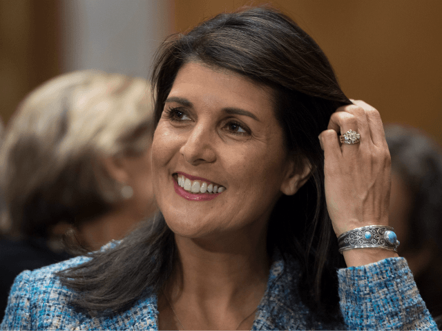 US Ambassador to the United Nations Nikki Haley attends the confirmation hearing for US Secretary of State nominee Mike Pompeo on Capitol Hill in Washington, DC, on April 12, 2018. / AFP PHOTO / JIM WATSON (Photo credit should read JIM WATSON/AFP/Getty Images)