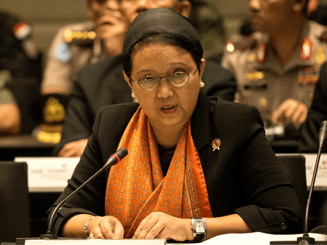Indonesian Foreign Minister Retno Marsudi speaks during a trilateral meeting in security i