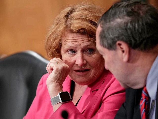 Sen. Heidi Heitkamp, D-N.D., left, and Sen. Joe Donnelly, D-Ind., listen as the Senate Ban