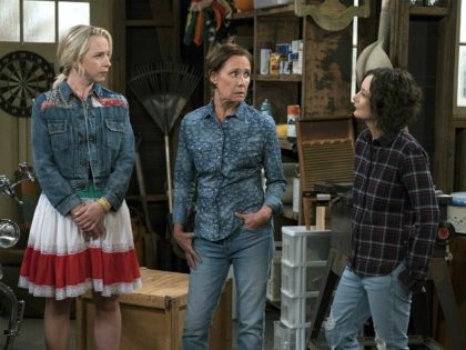 This image released by ABC shows Lecy Goranson, from left, Laurie Metcalf and Sara Gilbert in a scene from "The Connors," airing Tuesdays on ABC. (Eric McCandless/ABC via AP)