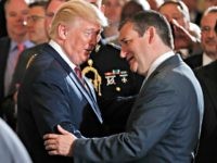 Trump, Cruz President Donald Trump shakes hands with and talks to Sen. Ted Cruz, R-Texas, in the East Room at the White House in Washington, Monday, June 5, 2017, after a ceremony to announce the Air Traffic Control Reform Initiative.