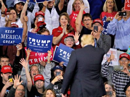 President Donald Trump says goodbye to the crowd during a campaign rally Saturday, Oct. 6,