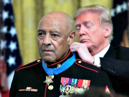 President Trump presents the Medal of Honor to U.S. Marine Corps retired Sgt. Maj. John Ca