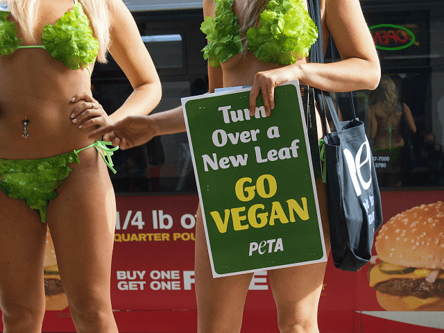 Lindsay Rajt (R) and Ashley Rose (L) of PETA, dressed in lettuce bikinis and known as a 'L