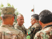 U.S. Army Brig. Gen. Jeffrey Smiley, left, talks with Afghan Army Brig. Gen. Abdul Rahman Parwani on July 5, 2018. (Staff Sgt. Neysa Canfield)