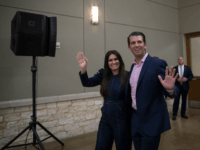 campaign trail OCTOBER 03: Donald Trump Jr. and Kimberly Guilfoyle make their way toward the stage to speak in support of U.S. Sen. Ted Cruz (R-TX) at a campaign rally on October 3, 2018 in Conroe, Texas. Cruz is in a tight reelection race against Democratic opponent Beto O'Rourke. (Photo by Loren …