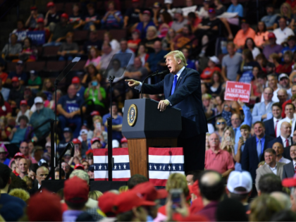 US President Donald Trump speaks during a 'Make America Great Again' rally at Landers Center in Southaven, Mississippi, on October 2, 2018. (Photo by MANDEL NGAN / AFP) (Photo credit should read MANDEL NGAN/AFP/Getty Images)